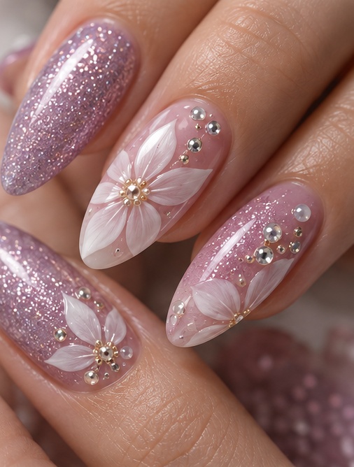 Illustrative floral manicure with crystal accents